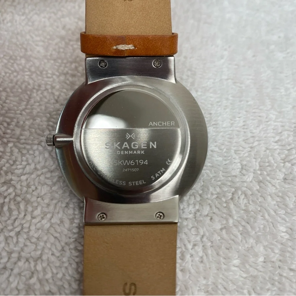 Skagen Men's Cognac Leather Ancher Gray Stainless Steel Adjustable Watch Classic