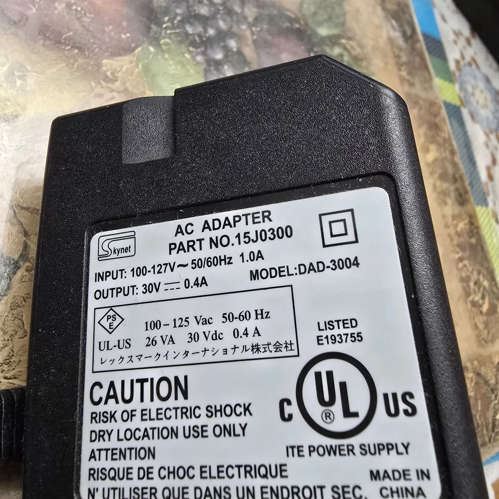 SkyNet AC Adapter Printer Power Supply Model: DAD-3004 30V~0.4A PN A15J0300