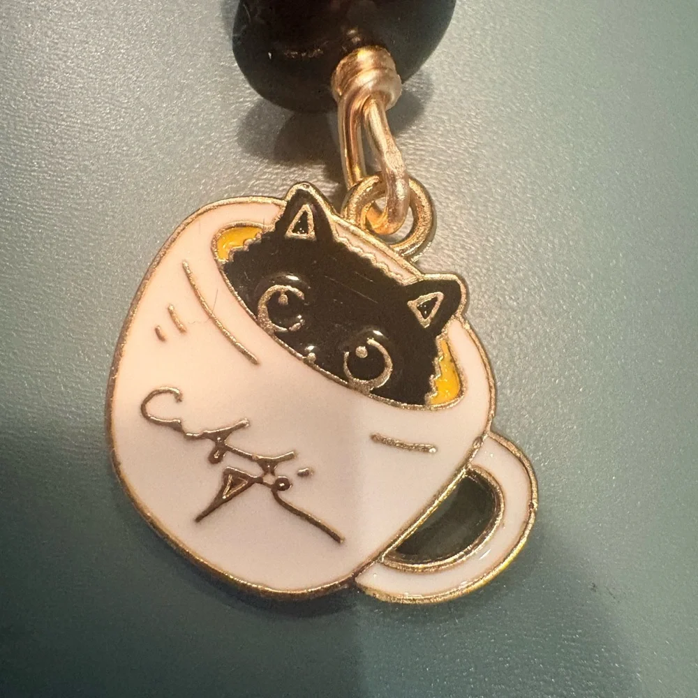 Boutique: Charming Cat Coffee Cup Keychain zipper pull- Black and Gold