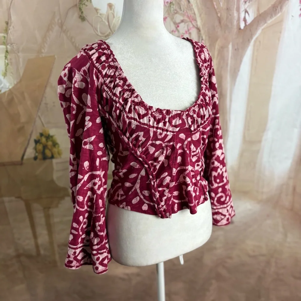 NEW Free People On The Block Bell Sleeve Top - Berry Combo