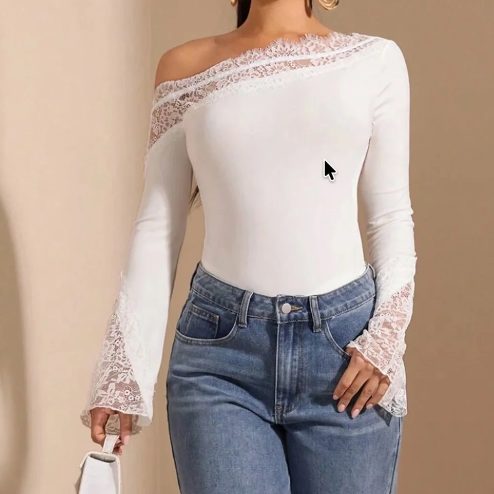 Burgundy Floral Lace One Shoulder Fitted Long Sleeve Bodysuit