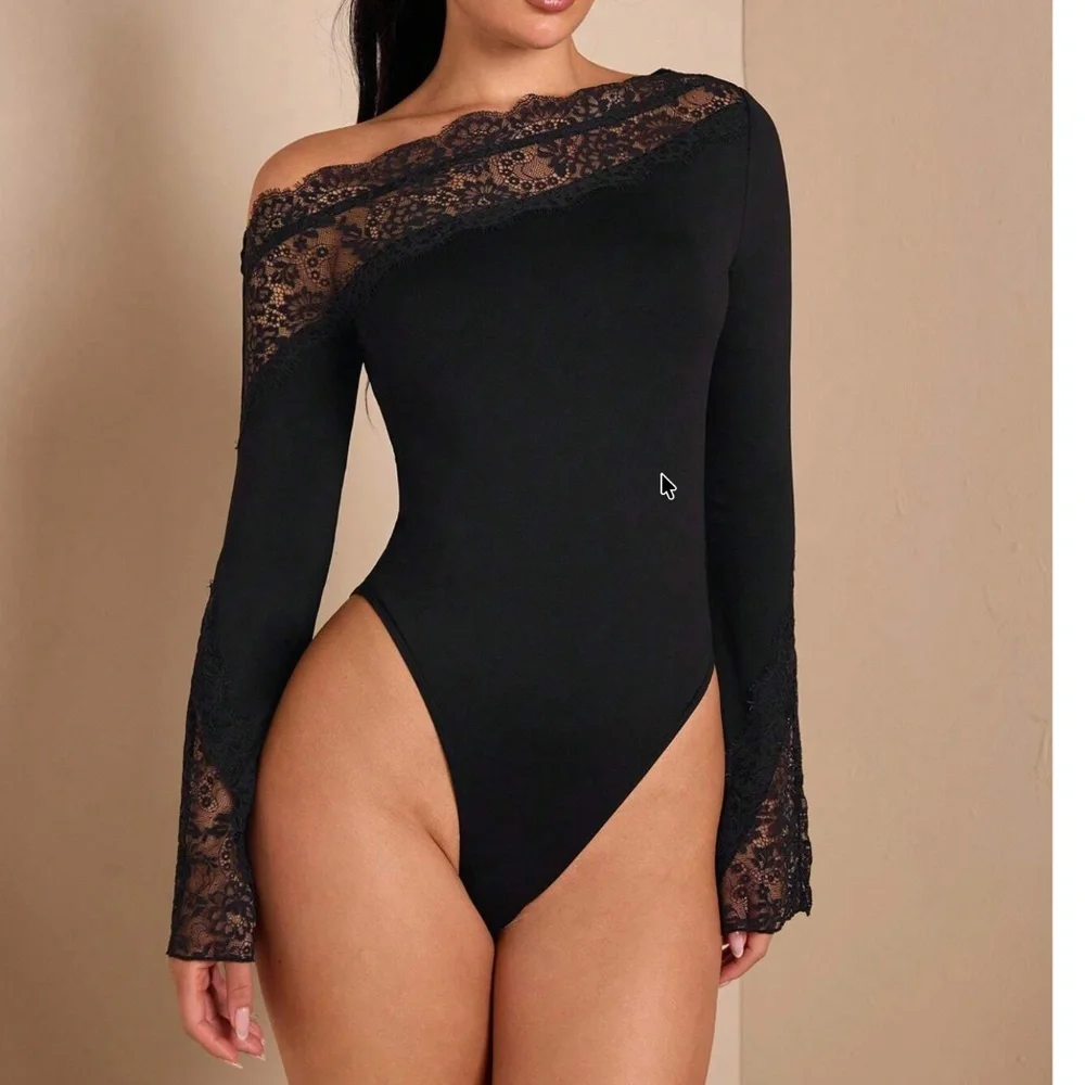 Burgundy Floral Lace One Shoulder Fitted Long Sleeve Bodysuit