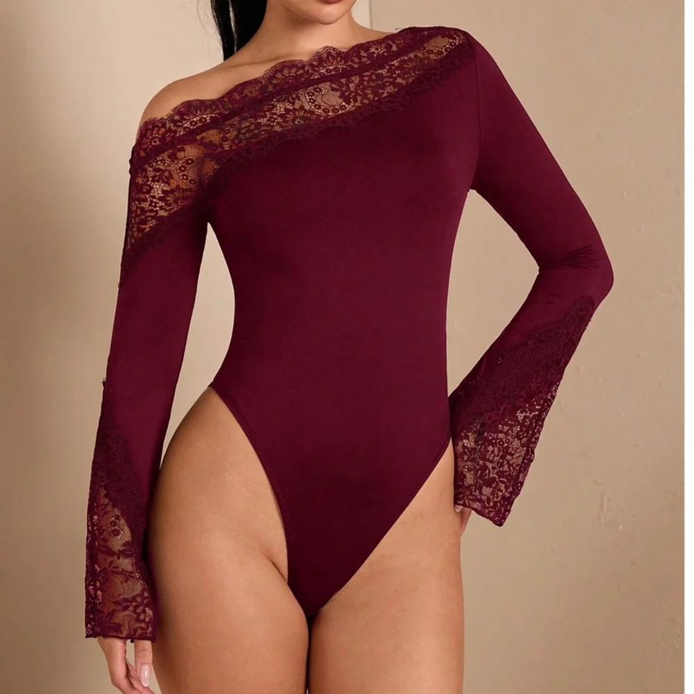 Burgundy Floral Lace One Shoulder Fitted Long Sleeve Bodysuit
