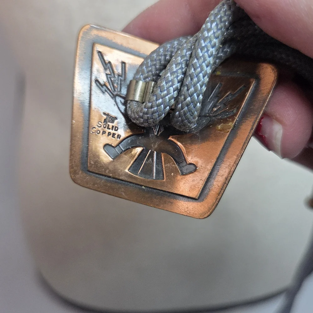 vtg bell trading post solid copper native dancer bolo tie grey cloth cord southw