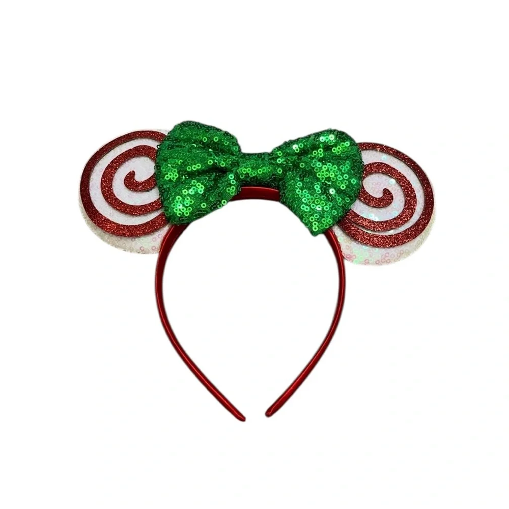 Minnie Mouse Christmas Green Red White Sequin Bow Headband Adult