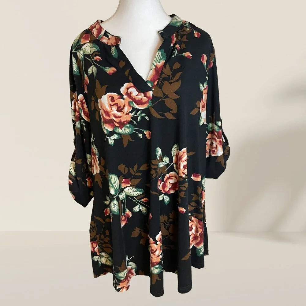 a.jesdani Women’s Floral Tunic Dress | Black Rose Print | 3X Plus Size