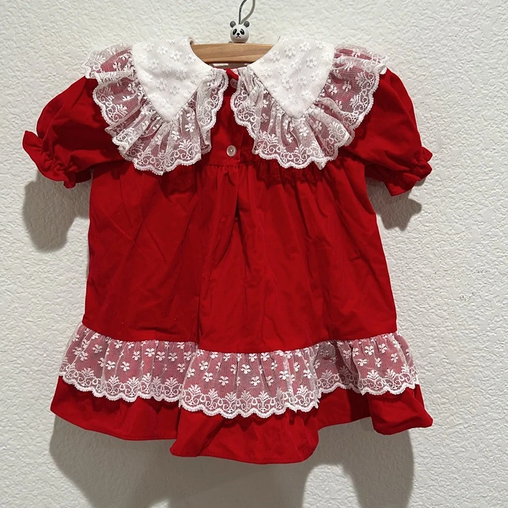 VINTAGE Red Velvet & Lace Frilly Puff Sleeve Christmas Dress Toddler Girl Sz 4T