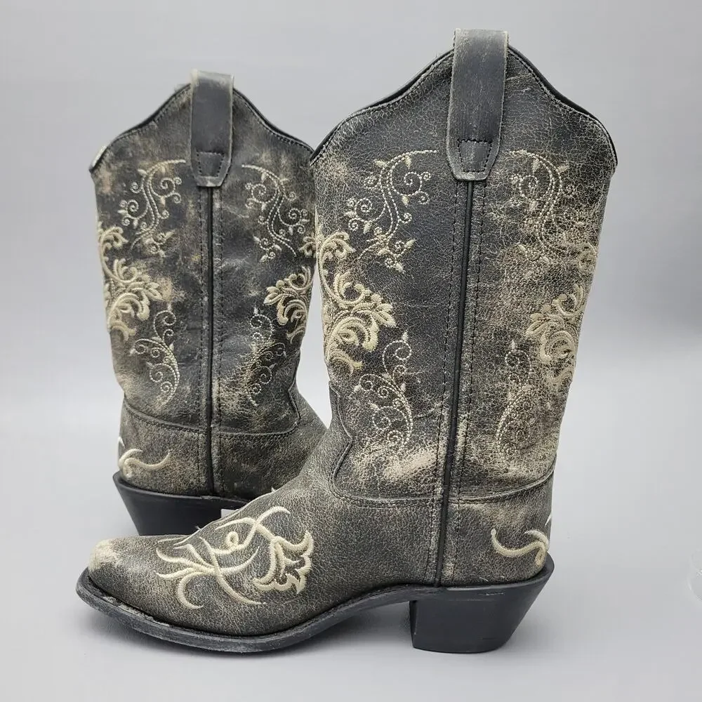 Old West Embroidered Leather Snip Toe Cowboy Boots Youth Kids Size 2.5 D Style