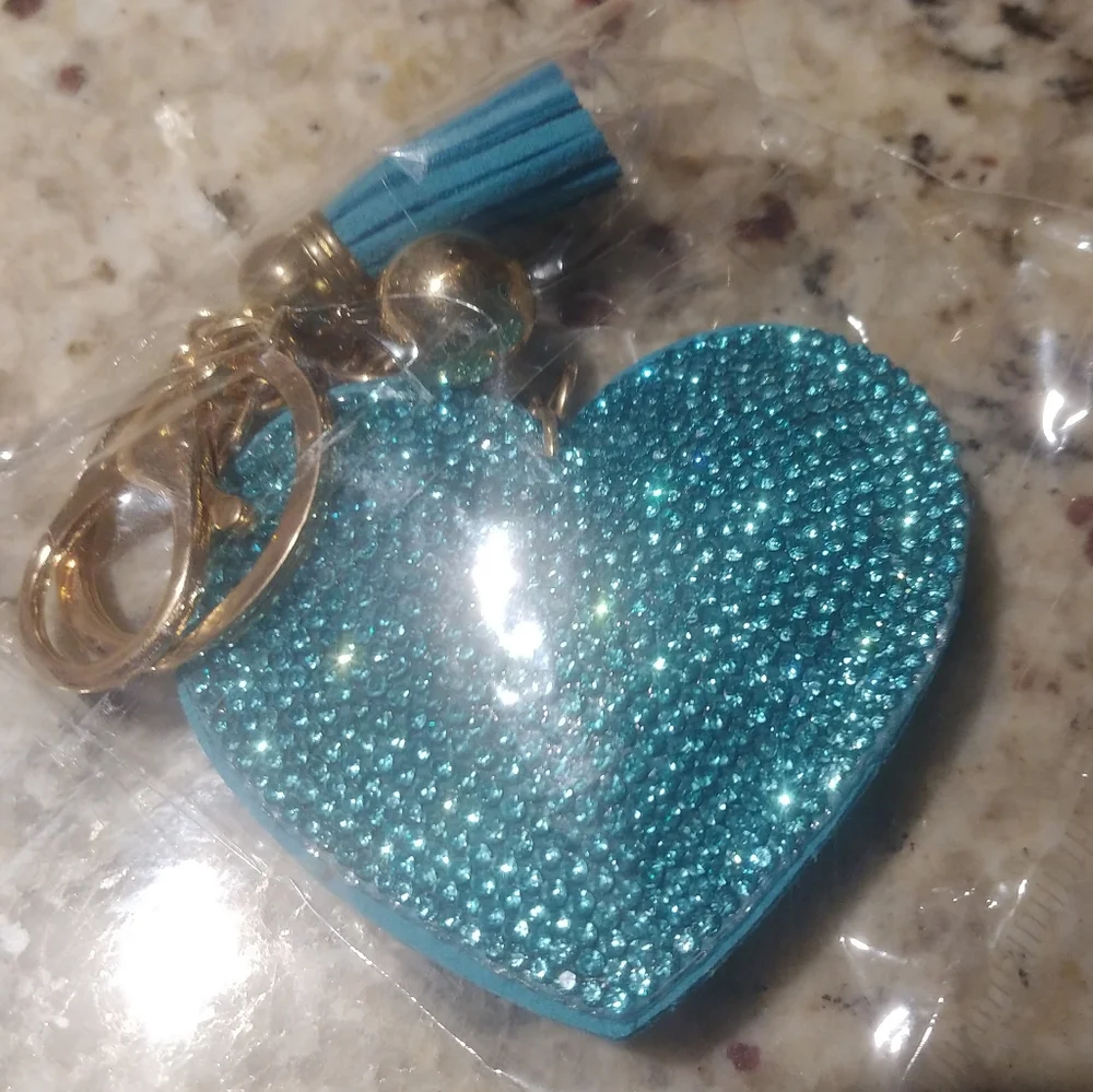 Sparkling Teal Leather Heart Keychain