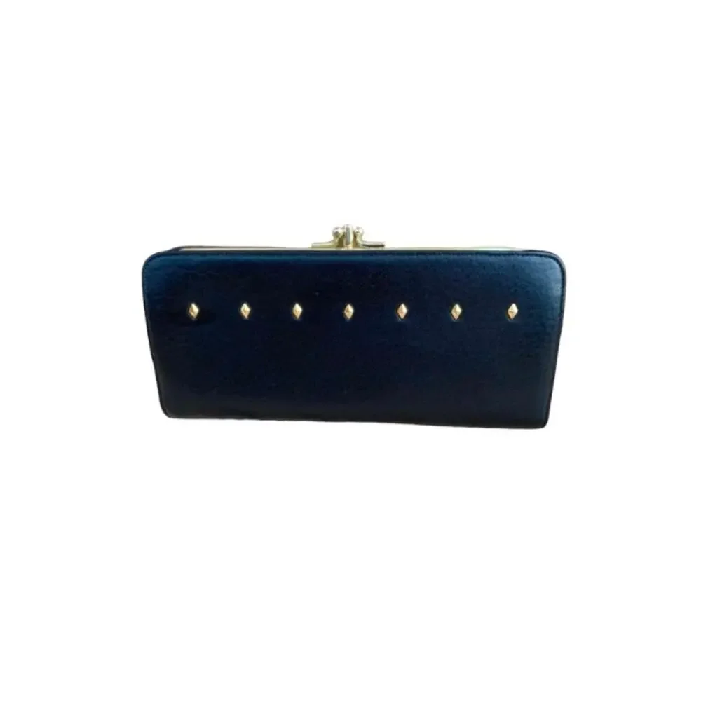 Vintage Baronet Wallet Kiss Clasp Metal Diamond Studs Navy Blue