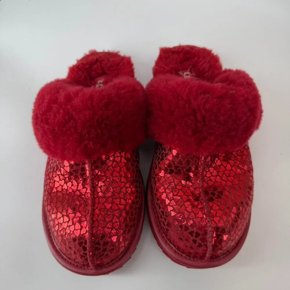 UGG Kids Red Sheepskin Slippers Sequin Heart Cozy Slide Youth 2