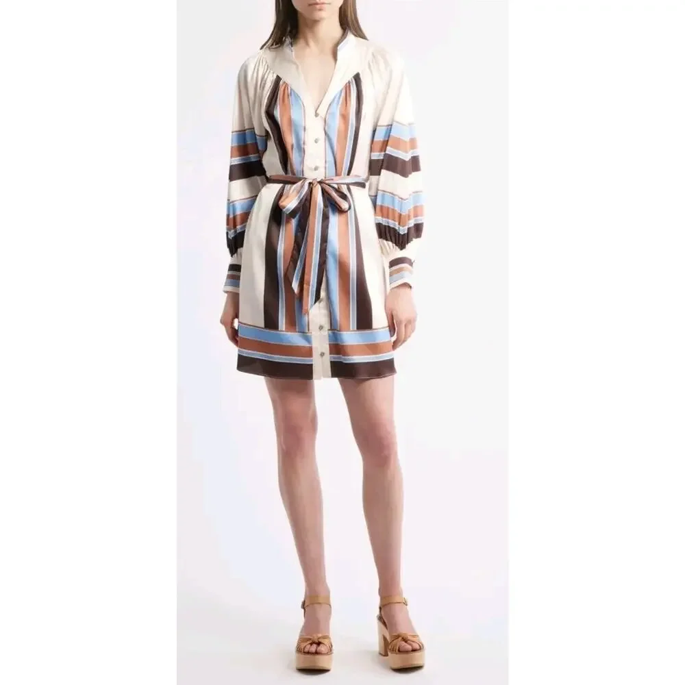 CIEBON Satin belted mini shirt dress Size XS Long Bishop Puff Sleeves Button Up