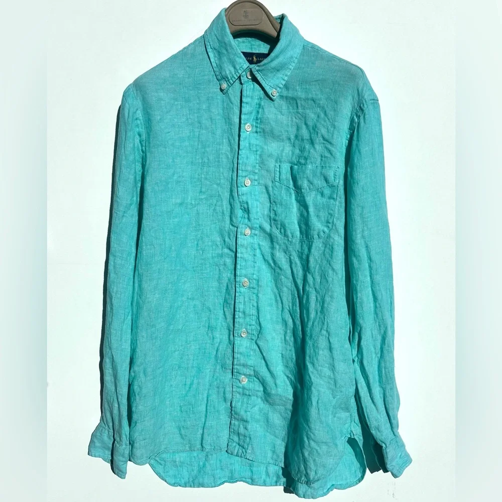 POLO Ralph Lauren 100% Linen Turquoise Blue Shirt, Classic Fit, M