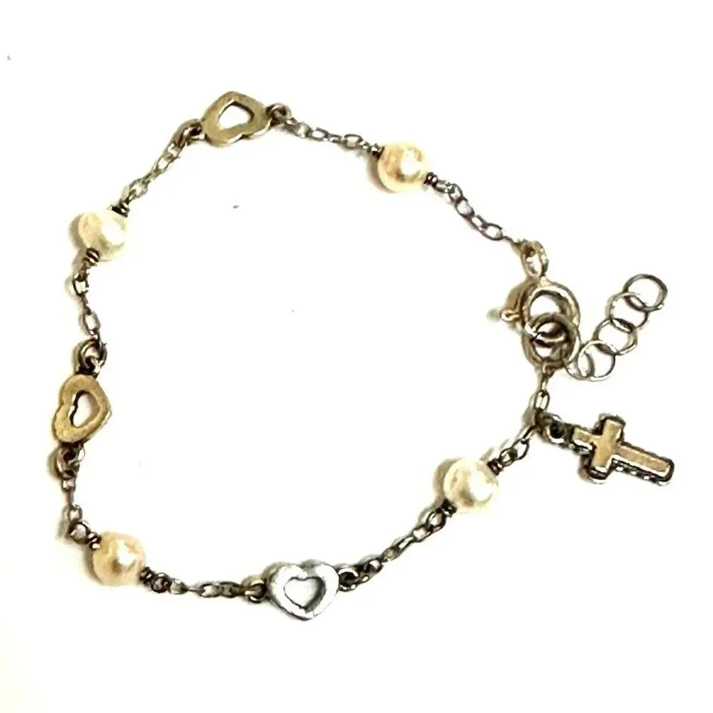 Sterling pearl Childs cross bracelet sterling silver
