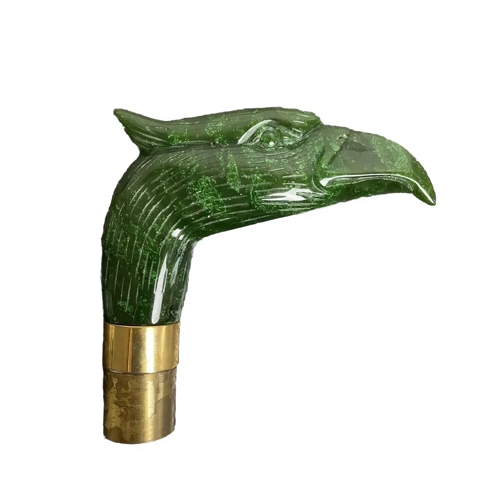 Antique Carved Jadeite Bird of Prey Brass Walking Stick Raptor Cane Eagle