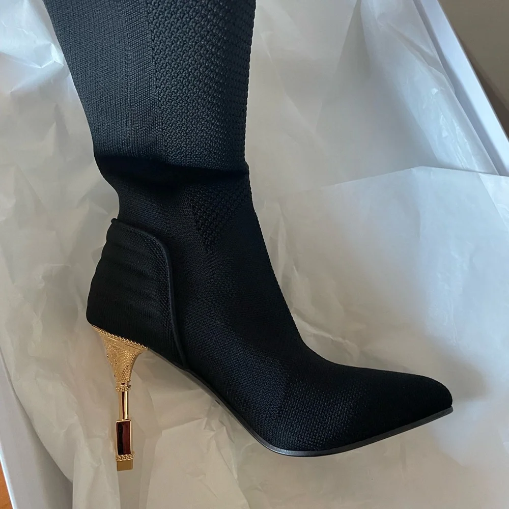 Balmain Moneta Knit Thigh High Black Heeled Boots Size 6 Leather Sole NIB