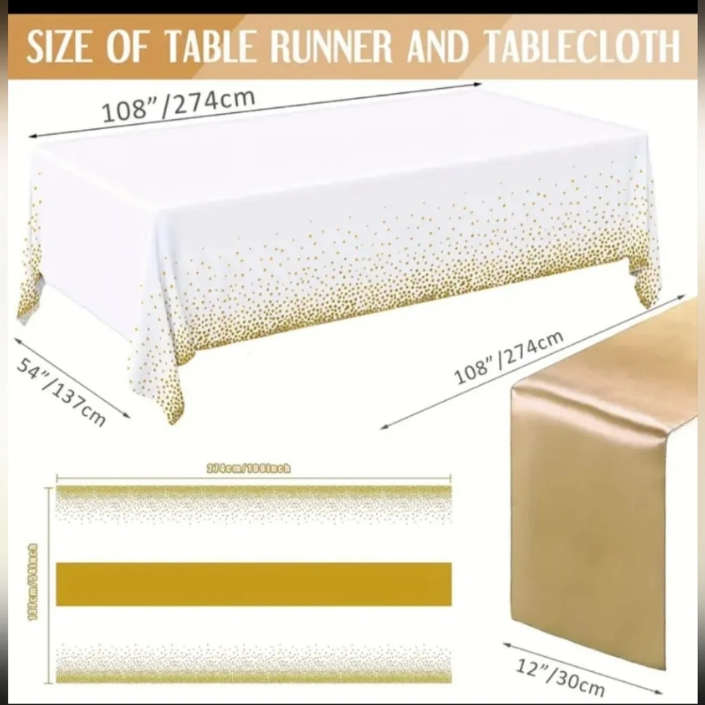 NEW ELEGANT PLASTIC TABLE CLOTHES GOLDEN POKA DOTS W/ RUNNERS~3 PACK 54