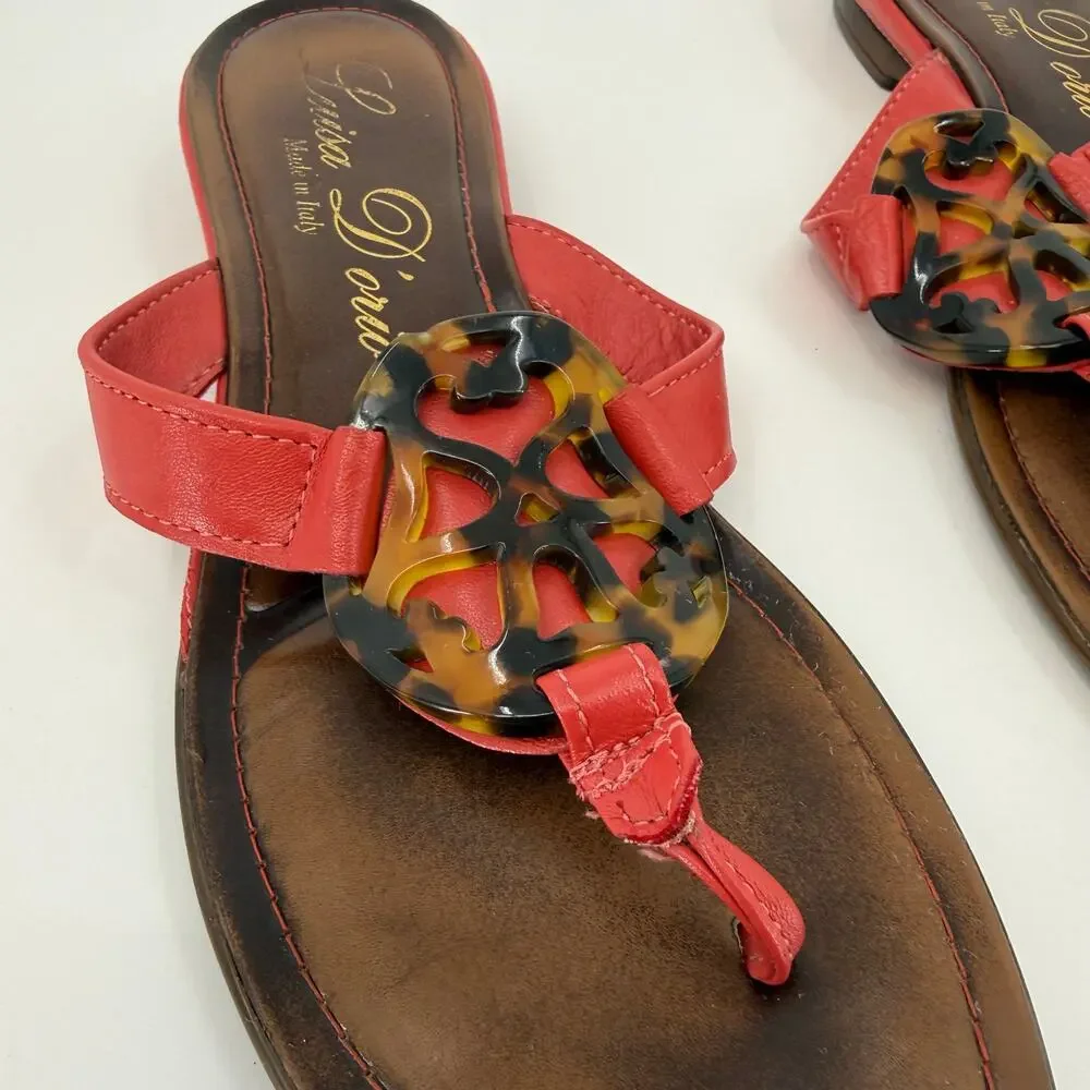 Luisa D'orio Size 10 Delicate Red Leather Thong Sandal Tortise Shell Medallion