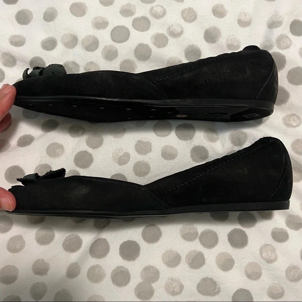 Donald Pliner Black Suede Flower Peep Toe with Elastic Flats Size 6