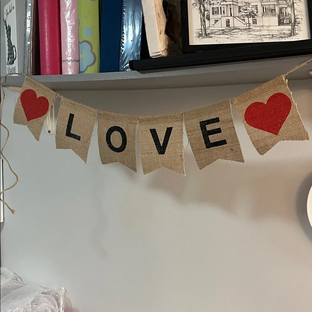Love Burlap Banner with Red Hearts