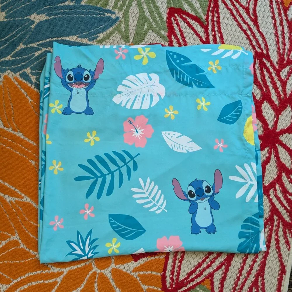 Disney Stitch Teal Twin Size Top Sheet Tropical Leaves Lilo and Stitch