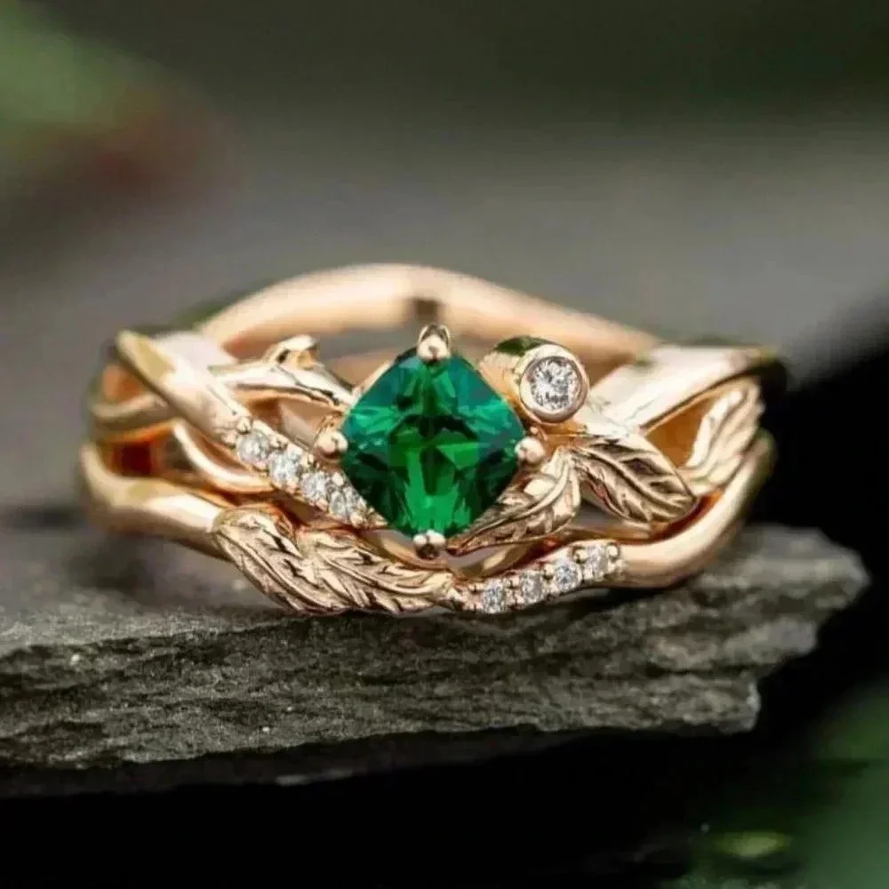 🌸Emerald Green Stone Ring Rose Gold Plated Anelli Ring, GPMB1499