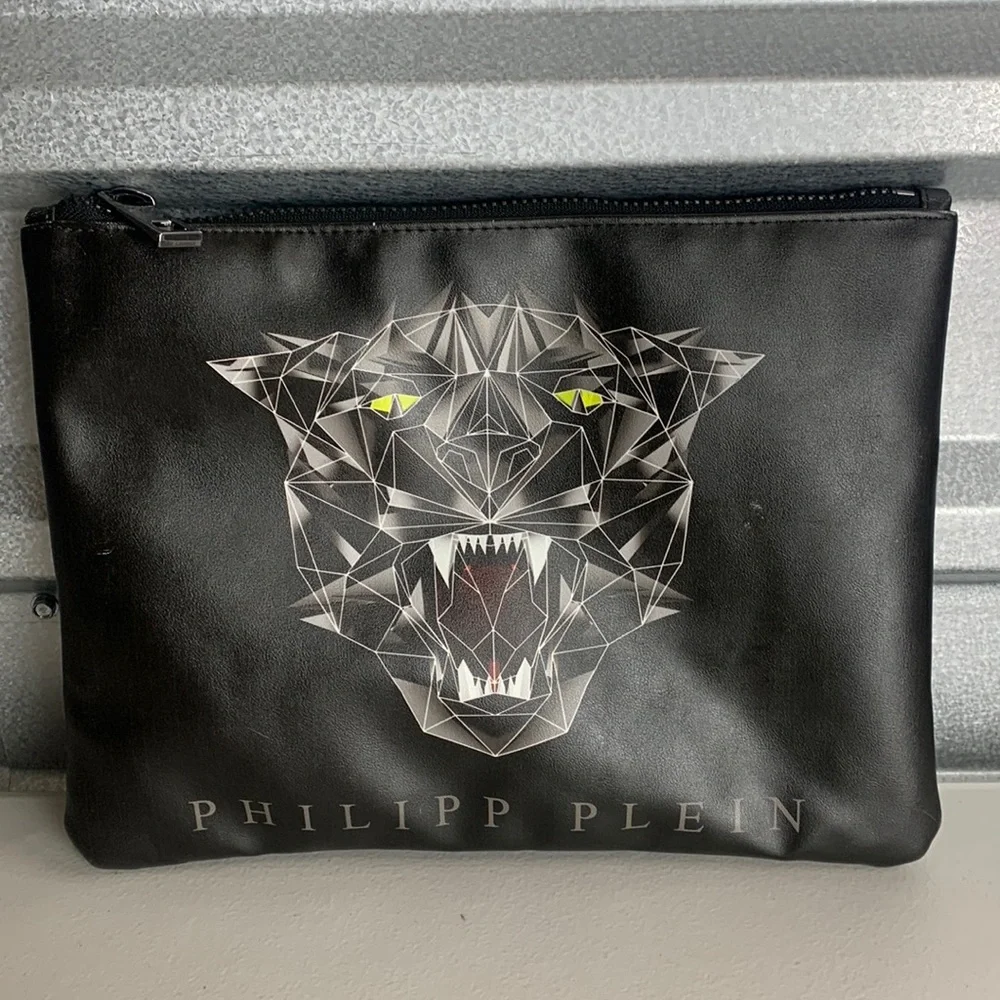 Philipp Plein Clutch Bag Men’s L Rare Vintage Jaguar Print Black Leather Logo‎