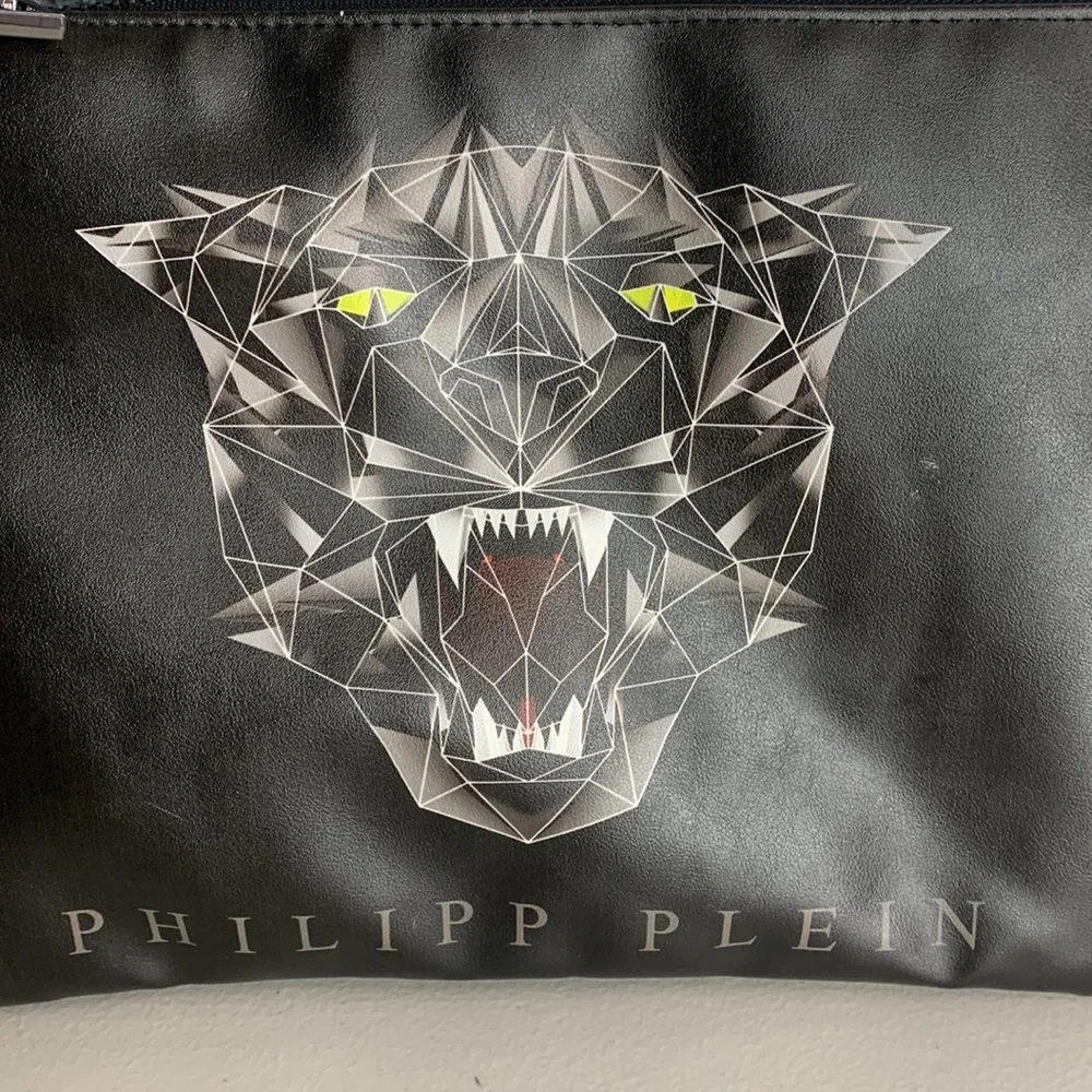 Philipp Plein Clutch Bag Men’s L Rare Vintage Jaguar Print Black Leather Logo‎