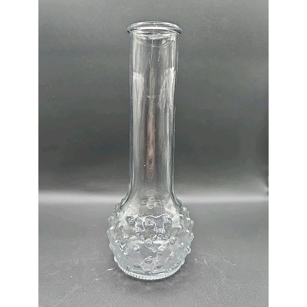 Vintage Clear Glass Round Hobnail Bottom Long Neck Bud Vase USA 8 1/2
