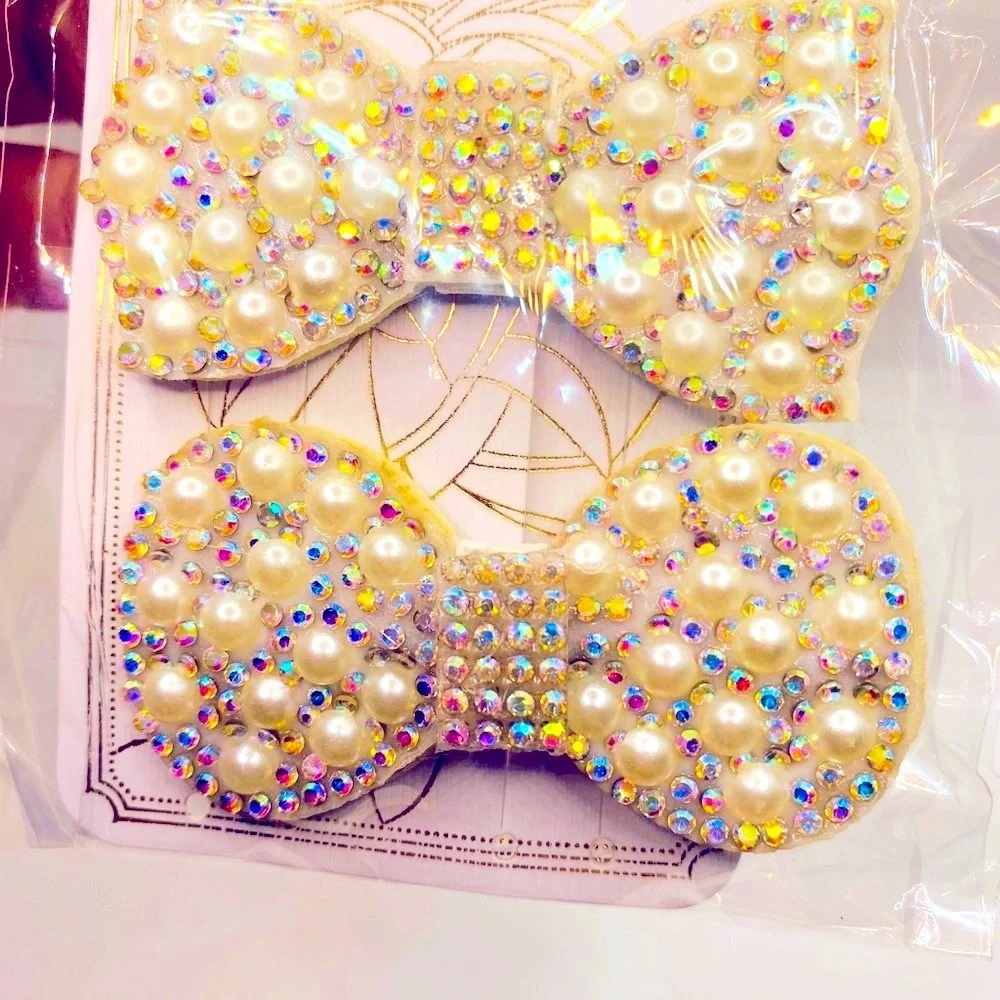 Hair barrette bow faux pearls crystals iri…