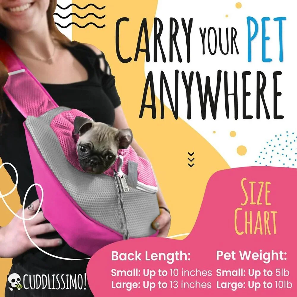 Pink Pet Sling for Small Dogs, Toy Breeds/Cats (Under 6lbs) For Hands Free Walks