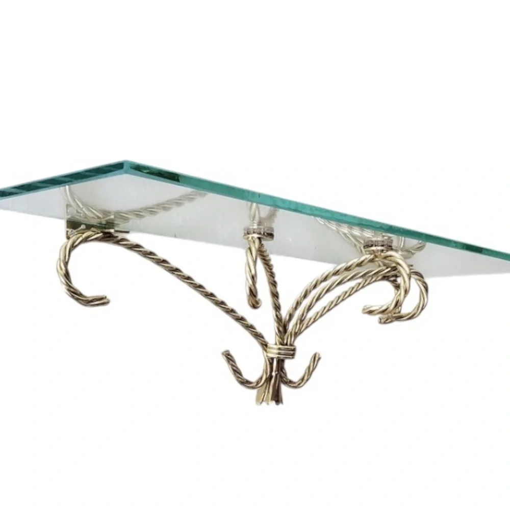 Vintage Home Interiors Gold Metal Rope & Glass Wall Shelf Hollywood Regency MCM