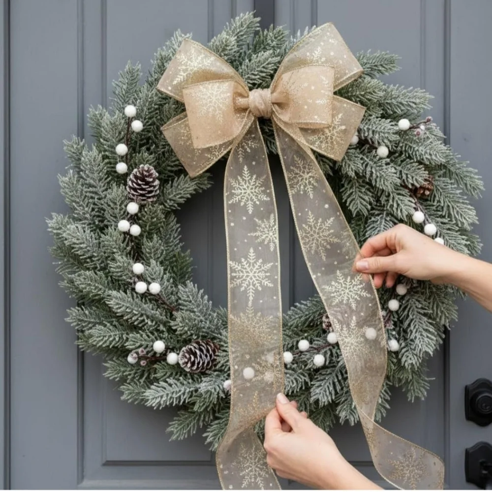 Ct Craft Llc Organza With Gold Flitter Snowflake Wired Ribbon 2.5