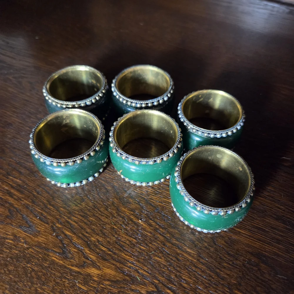 Emeraled Green and Brass Napkin Rings Set Of 6