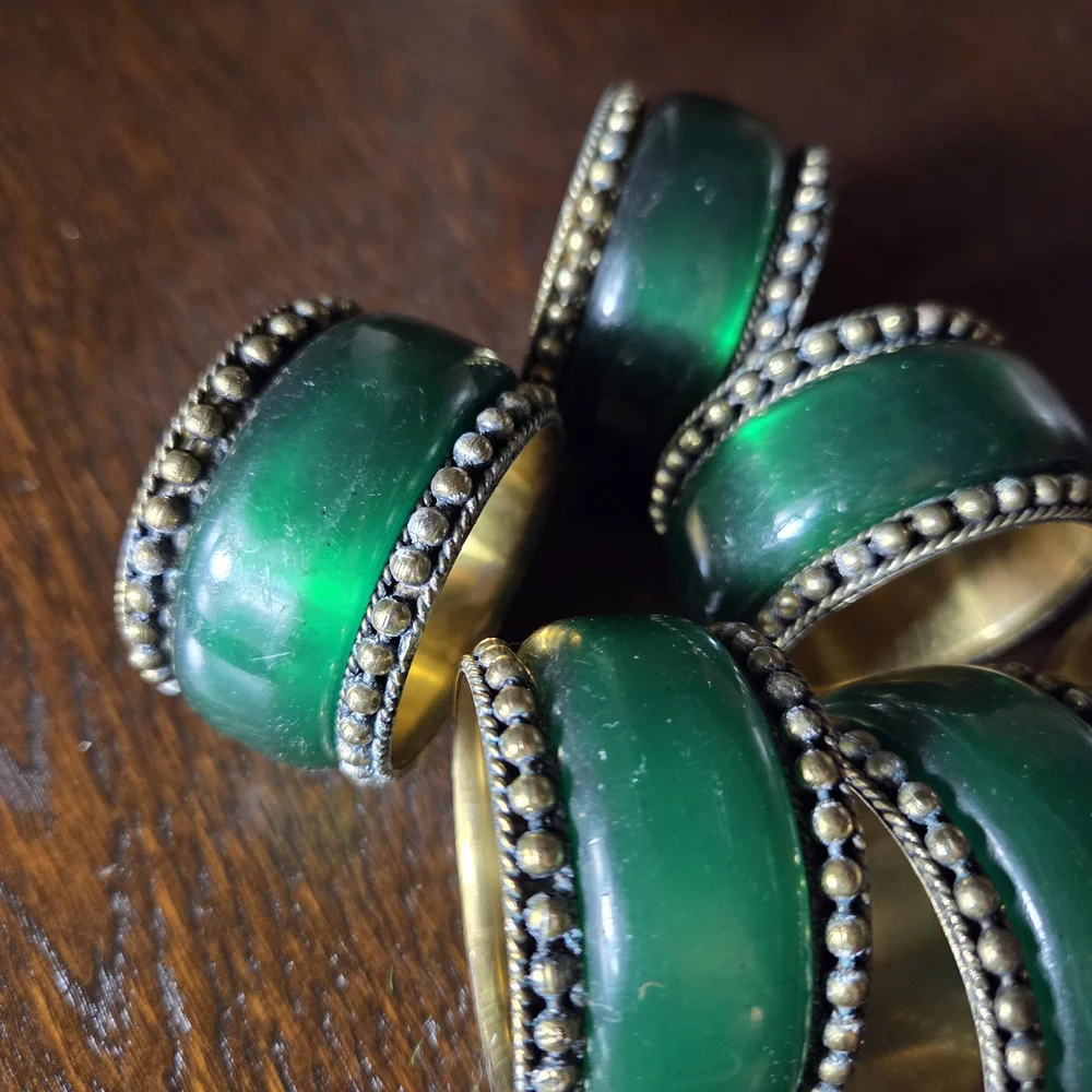 Emeraled Green and Brass Napkin Rings Set Of 6