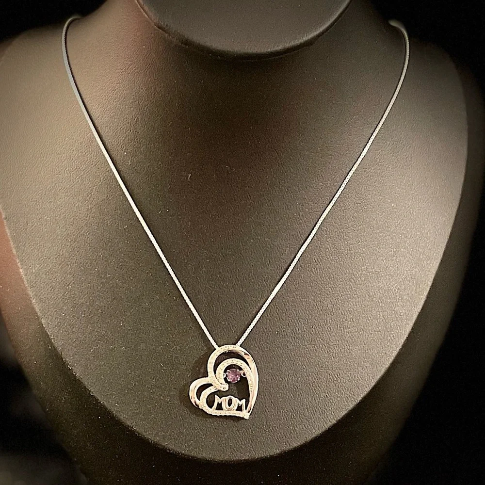 Heart Shaped Mom Necklace Amethyst White Topaz Pendant