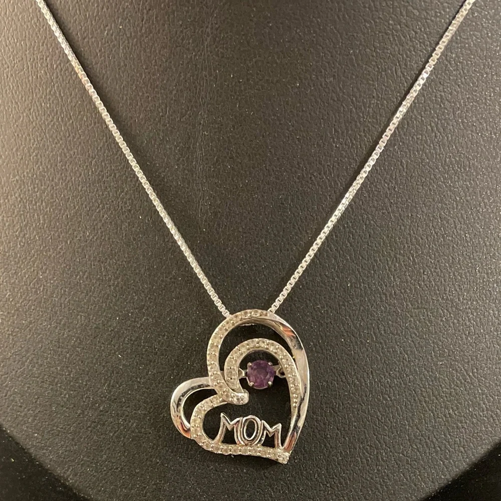 Heart Shaped Mom Necklace Amethyst White Topaz Pendant