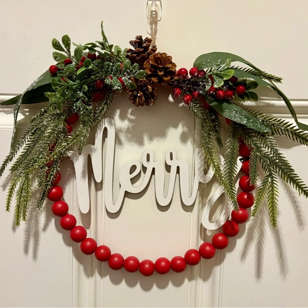 Holiday Wreath with Red Beads and Greenery