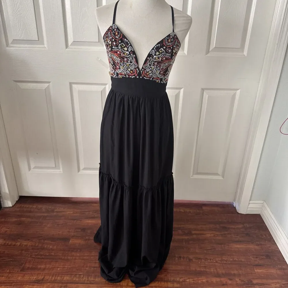 Abercrombie Fitch Womens Boho Embroidered Maxi Dress Medium Black Festival Style