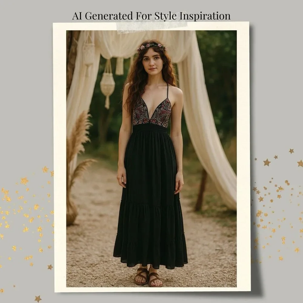Abercrombie Fitch Womens Boho Embroidered Maxi Dress Medium Black Festival Style