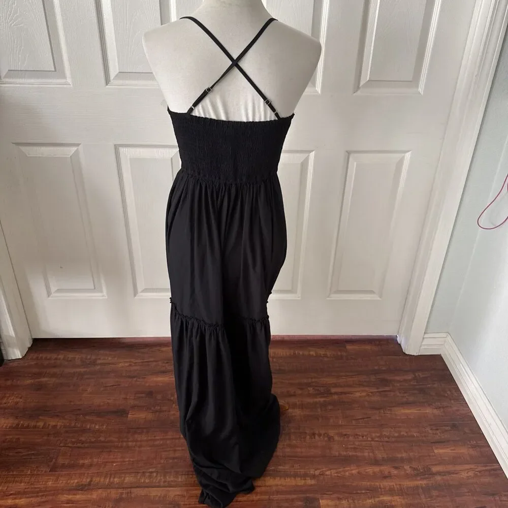 Abercrombie Fitch Womens Boho Embroidered Maxi Dress Medium Black Festival Style