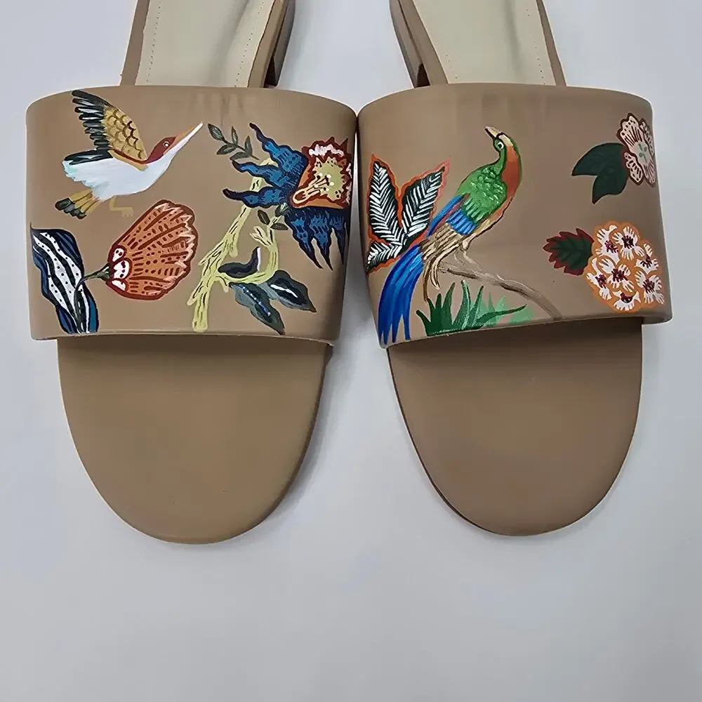 ALEPEL BIRD FLORAL BEIGE SLIDES, SIZE 8