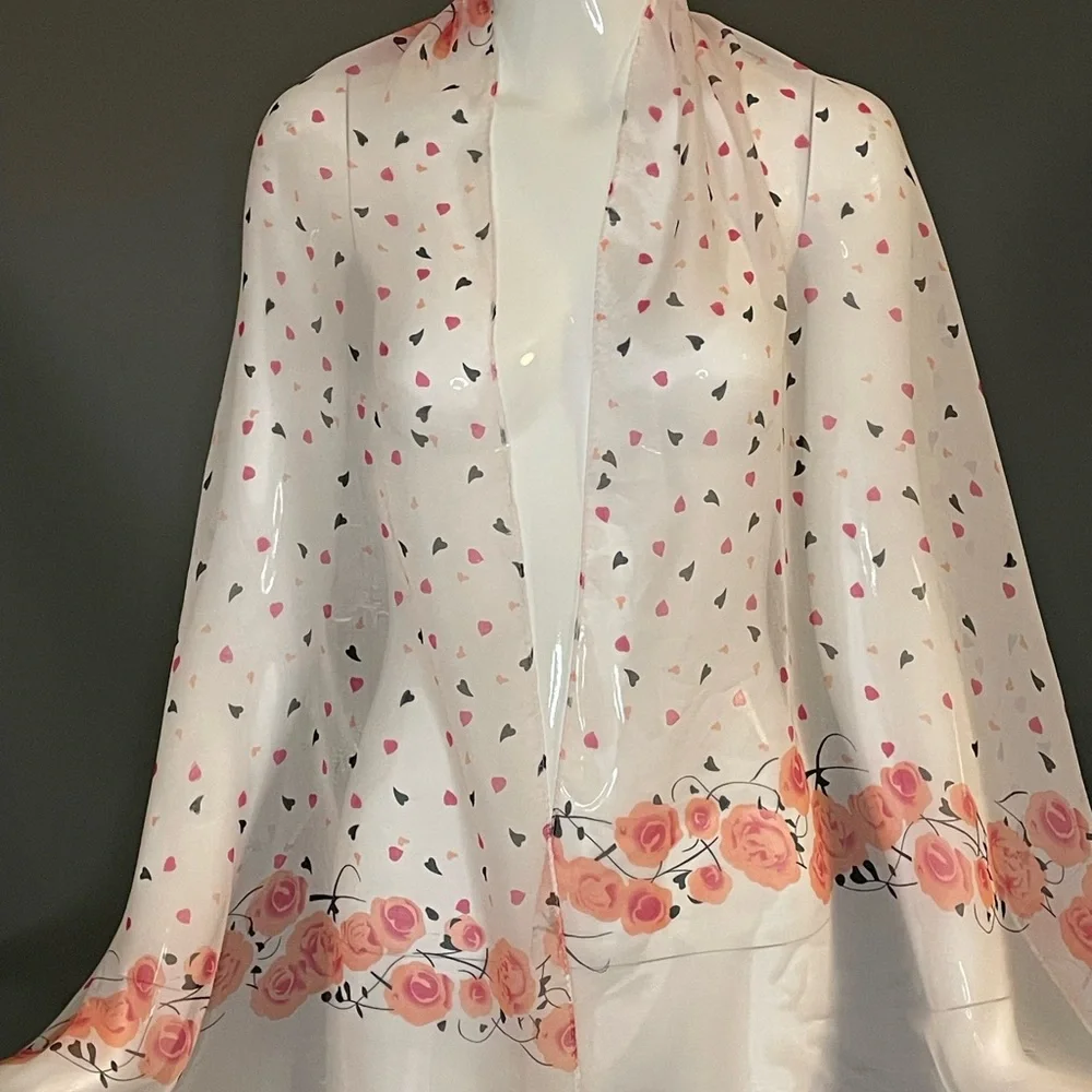 Pretty Vintage Valentine Heart Florals silky Poly Scarf Huge 18 x 64 Good Cond
