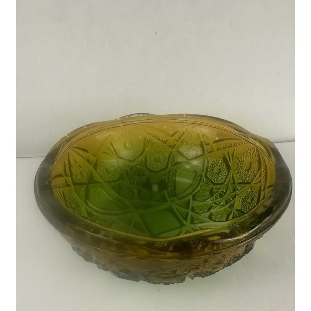 Vintage McKee Carnival Glass Yellow & Green 3 Footed Candy Dish Retro Decor