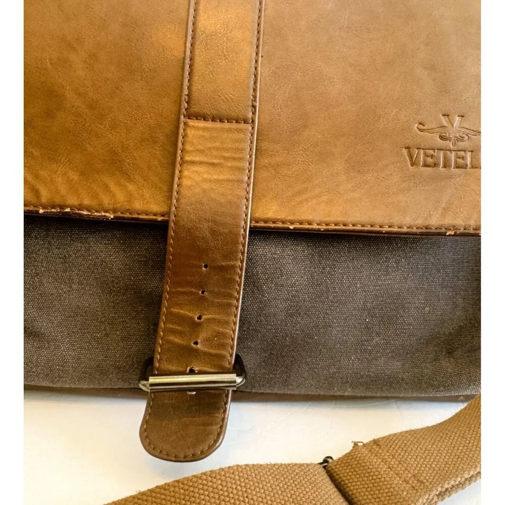 Vetelli Messenger, Laptop Computer Bag, Leather & Olive color canvas Adj strap