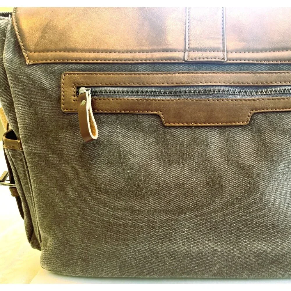 Vetelli Messenger, Laptop Computer Bag, Leather & Olive color canvas Adj strap