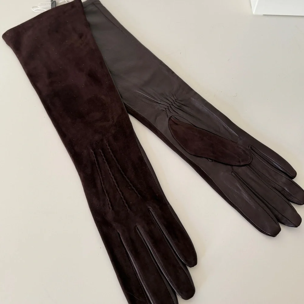 NWT Long Leather & Suede Opera Gloves Brown Premium 6.5
