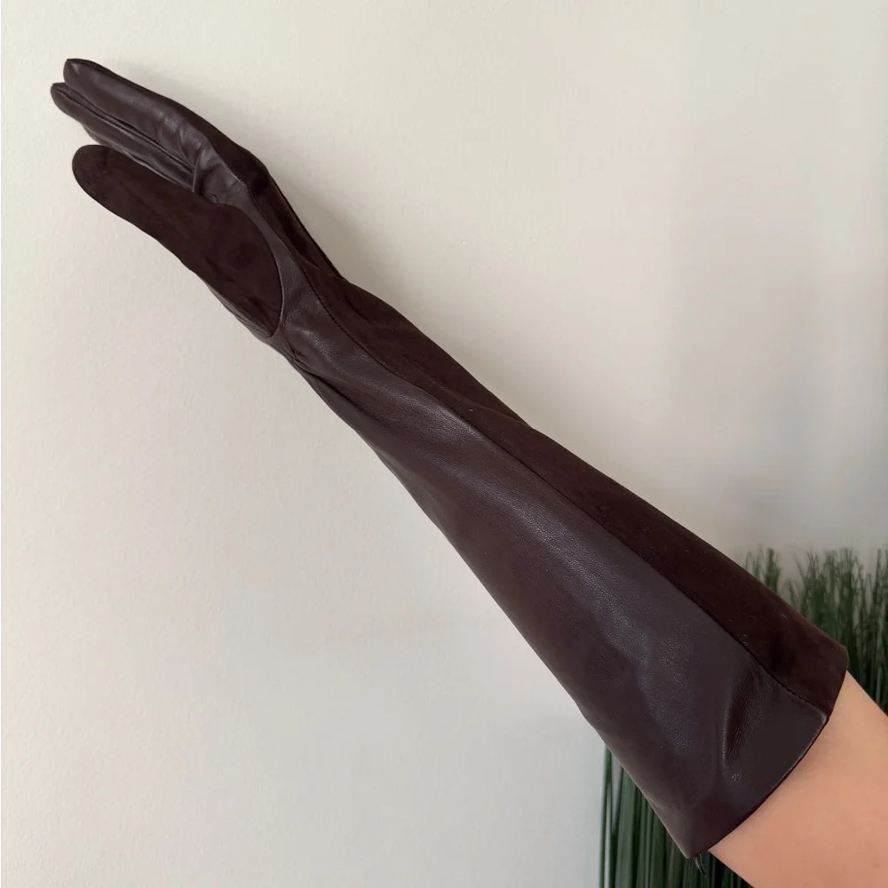 NWT Long Leather & Suede Opera Gloves Brown Premium 6.5