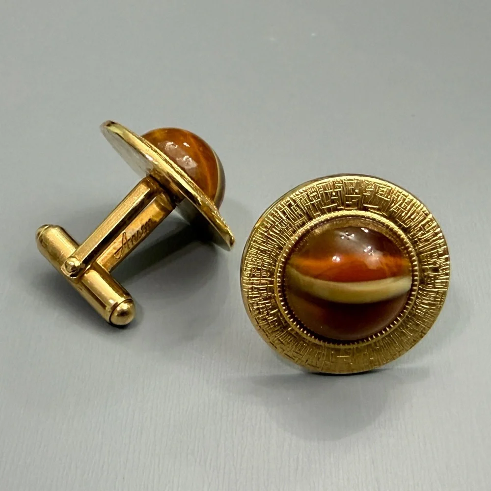 Vintage Anson Gold Saturn Greek Key Textured Cufflinks With Tiger's Eye Glass