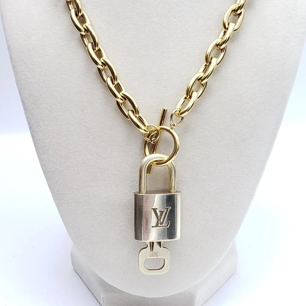 Authentic Louis Vuitton Gold Padlock w/Unbranded Stainless Steel Chain Necklace